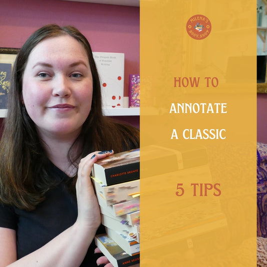 Milena's is holding a stack of books that she is recommending for classic literature lovers who like to annotate.