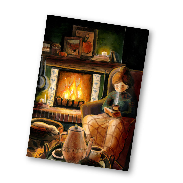 Fireplace cosiness with a book | post card