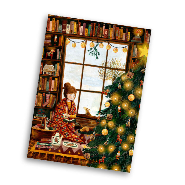 Surrounded by books | Christmas post card